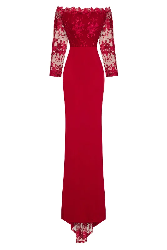 Meghan Berry Red Off The Shoulder Bardot Lace Fishtail Maxi Dress Trendy V-Neck Maxi Dress Meghan Berry Red Off The Shoulder Bardot Lace Fishtail Maxi Dress Trendy V-Neck Maxi Dress