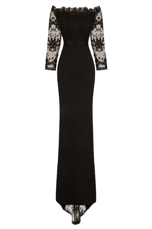 Meghan Black Off The Shoulder Bardot Lace Fishtail Maxi Dress Fashionable Open-Back Maxi Dress Meghan Black Off The Shoulder Bardot Lace Fishtail Maxi Dress Fashionable Open-Back Maxi Dress