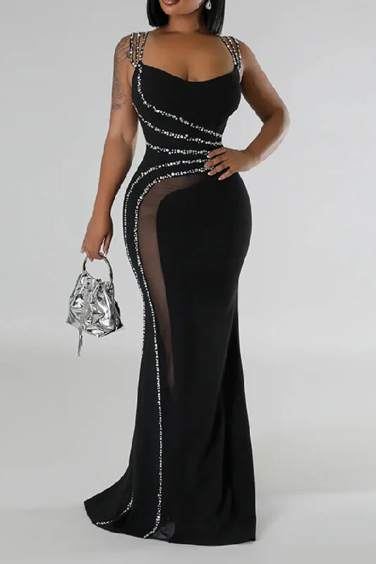 Mesh Patchwork Elegant Rhinestone Decor Bodycon Maxi Dress Stylish Off-Shoulder Maxi Dress Mesh Patchwork Elegant Rhinestone Decor Bodycon Maxi Dress Stylish Off-Shoulder Maxi Dress