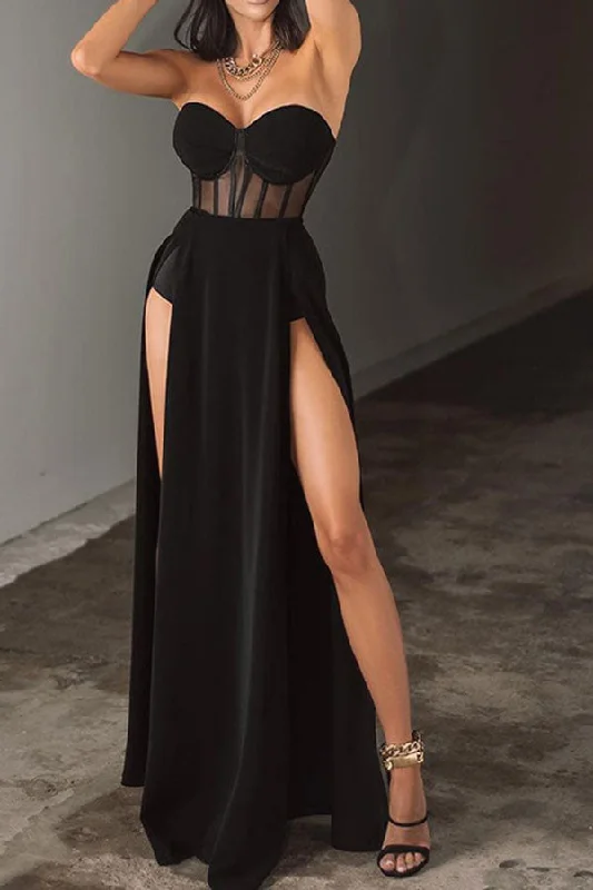 Mesh Patchwork Rocking High Split Maxi Dress Comfortable Maxi Dress with Sleeves