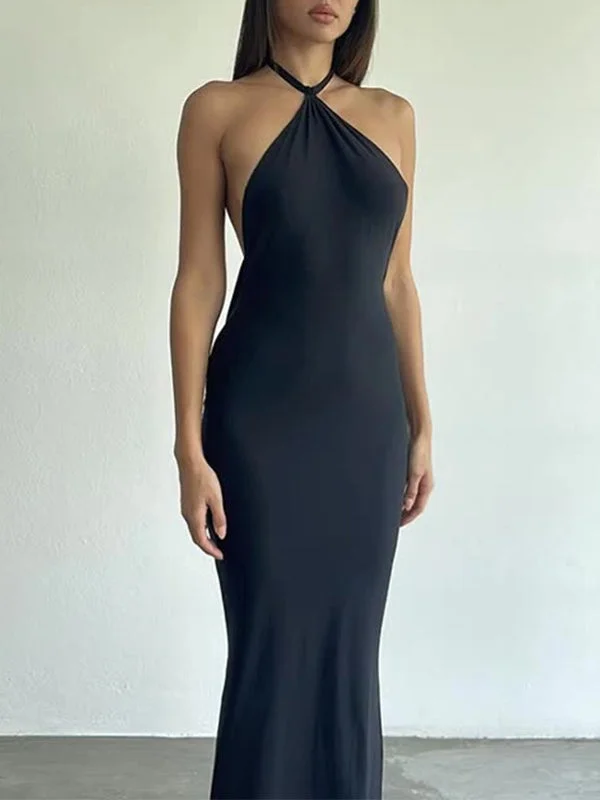 Halter Neck Black Maxi Dress Stylish A-Line Maxi Dress