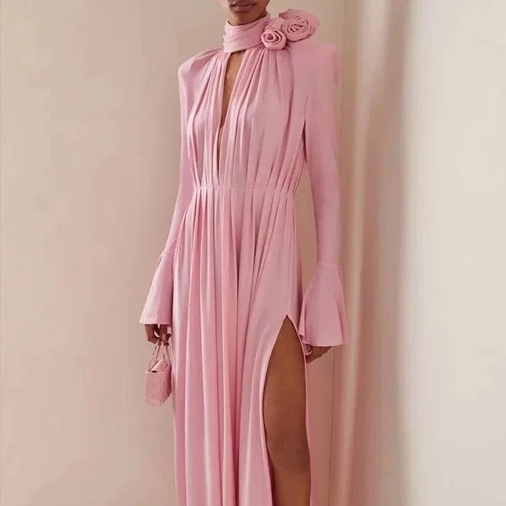 Mindy Floral-Appliqué Pleated Maxi Dress Cozy Knitted Maxi Dress