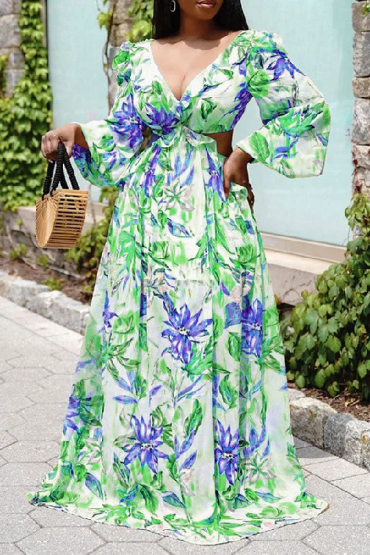Natural Print Pretty Backless Maxi Dress Stylish A-Line Maxi Dress