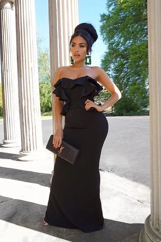 Paloma Black Strapless Frill Ruffle Bodycon Slinky Mermaid Maxi Dress Fashionable High-Waist Maxi Dress Paloma Black Strapless Frill Ruffle Bodycon Slinky Mermaid Maxi Dress Fashionable High-Waist Maxi Dress