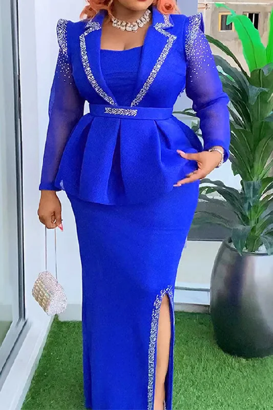 Patchwork Rhinestone Feminine Peplum Side Slit Maxi Dress Comfortable Maxi Dress with Belt Patchwork Rhinestone Feminine Peplum Side Slit Maxi Dress Comfortable Maxi Dress with Belt