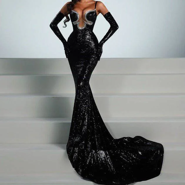 Pearl Sweetheart Neck Rhinestone Sequins Maxi Dress Stylish One-Shoulder Maxi Dress