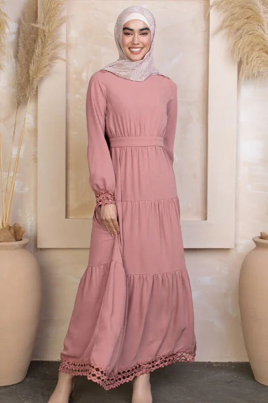 Pink Lace Tiered Maxi Dress Cozy Maxi Dress with Slit
