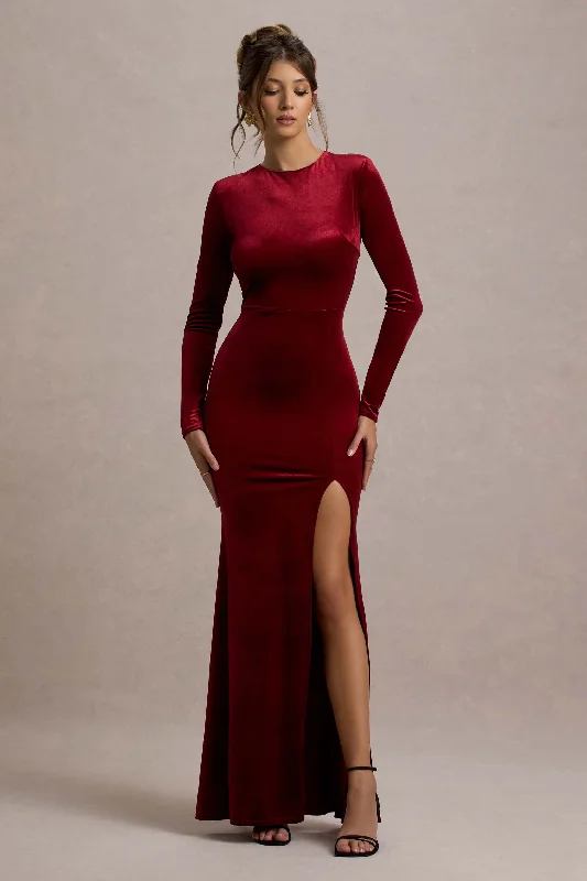 Rayla | Berry Velvet Maxi Dress With Split Stylish V-Neck Maxi Dress