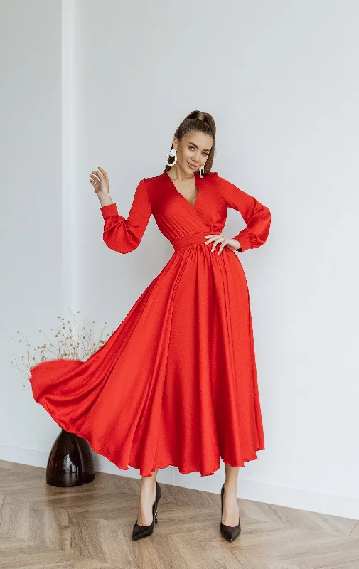 Red Silk Long Sleeve Maxi Dress Stylish Boho Maxi Dress