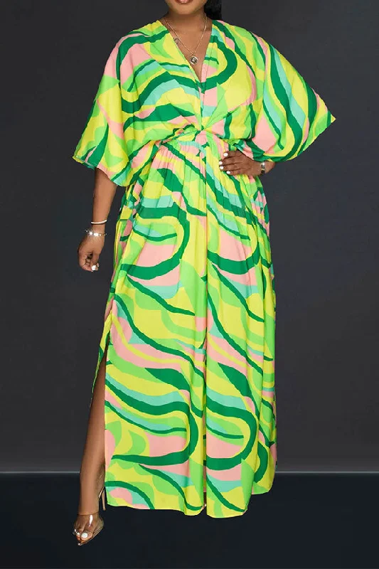 Ripple Print Laid Back Side Split Maxi Dress Cozy Ruffle Sleeve Maxi Dress