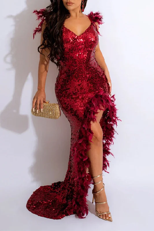 Sequined Glamorous Fluffy Maxi Dress Comfortable Plunging Neckline Maxi Dress