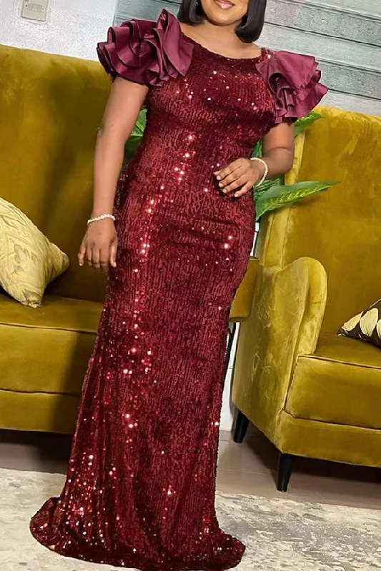 Sequined Glamorous Ruffle Sleeve Maxi Dress Fashionable Layered Maxi Dress