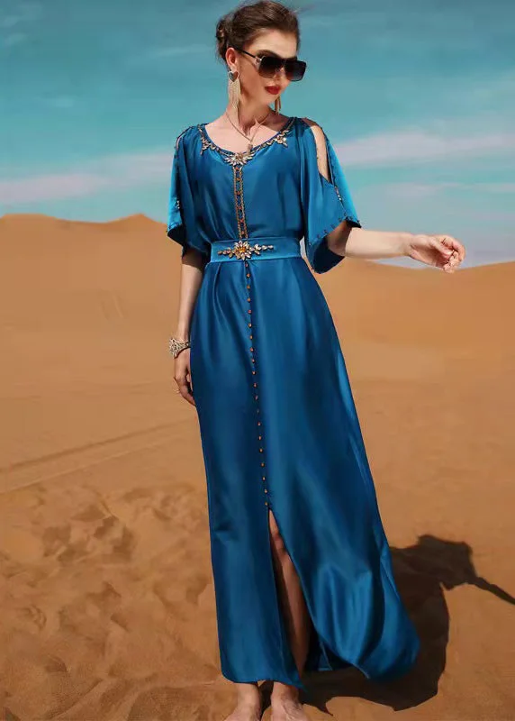 Sexy Blue O-Neck Patchwork Zircon Satin Maxi Dress Short Sleeve Elegant Maxi Dress with Belt Sexy Blue O-Neck Patchwork Zircon Satin Maxi Dress Short Sleeve Elegant Maxi Dress with Belt