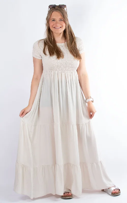 Shirred Maxi Dress | Stone Comfortable Maxi Dress with Belt