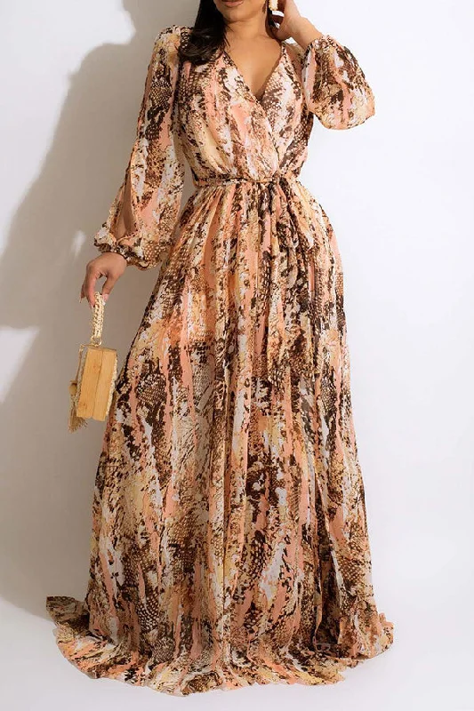 Snake Print On-trend Belted Maxi Dress Trendy Off-Shoulder Ruffle Maxi Dress