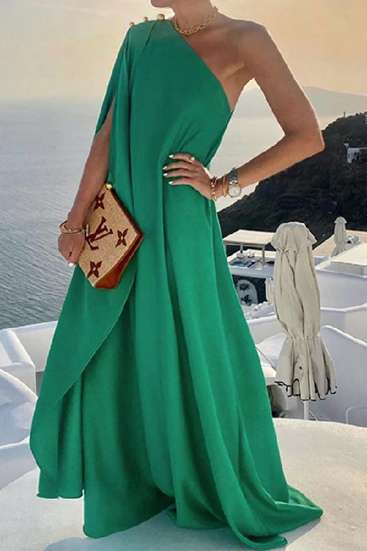 Solid Color Chic One Shoulder Flowy Maxi Dress Trendy A-Line Maxi Dress