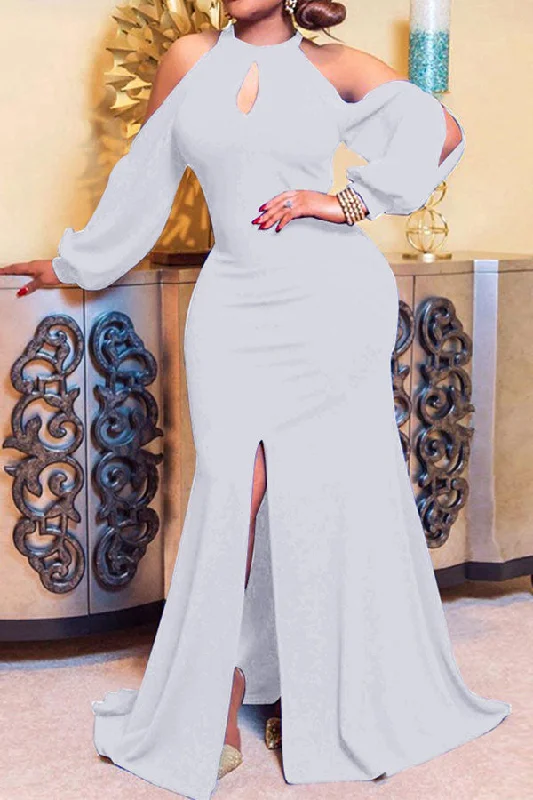 Solid Color Cold Shoulder Party High Split Maxi Dress Comfortable Pleated Maxi Dress Solid Color Cold Shoulder Party High Split Maxi Dress Comfortable Pleated Maxi Dress