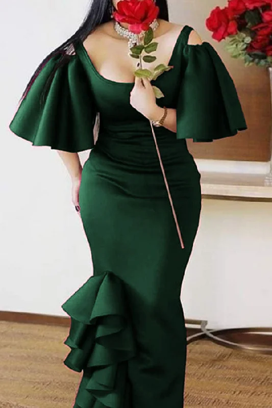 Solid Color Cold Shoulder Sweet Ruffle Maxi Dress Comfortable Bohemian Maxi Dress