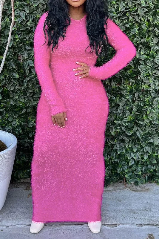 Solid Color Fluffy Maxi Dress Cozy Longline Maxi Dress