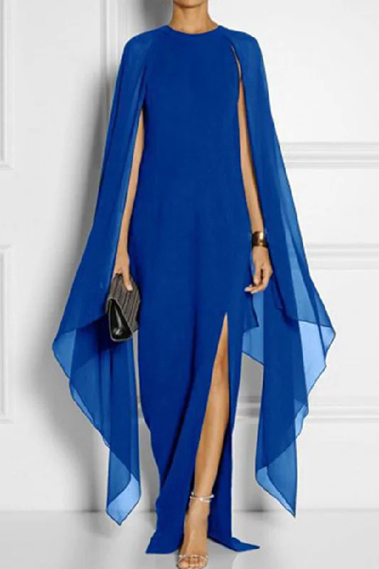 Solid Color Modern Cape Sleeve Irregular Maxi Dress Elegant Maxi Dress with Pockets
