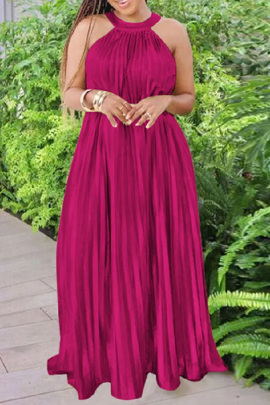 Solid Color Relaxed Flowy Pleated Maxi Dress Fashionable Sleeveless Maxi Dress