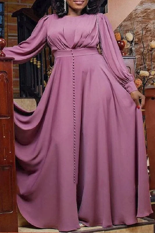Solid Color Retro Pleated Design Maxi Dress Fashionable Chiffon Tiered Maxi Dress