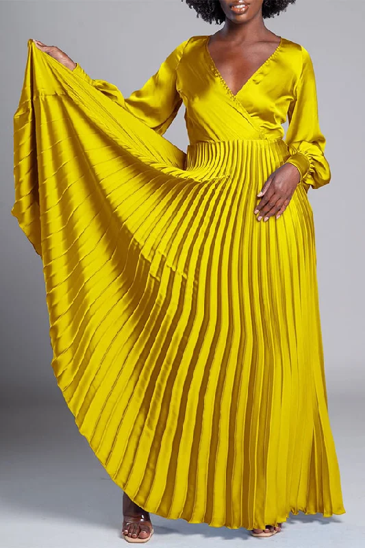 Solid Color V Neck Urban Pleated Maxi Dress Chic Button-Up Maxi Dress