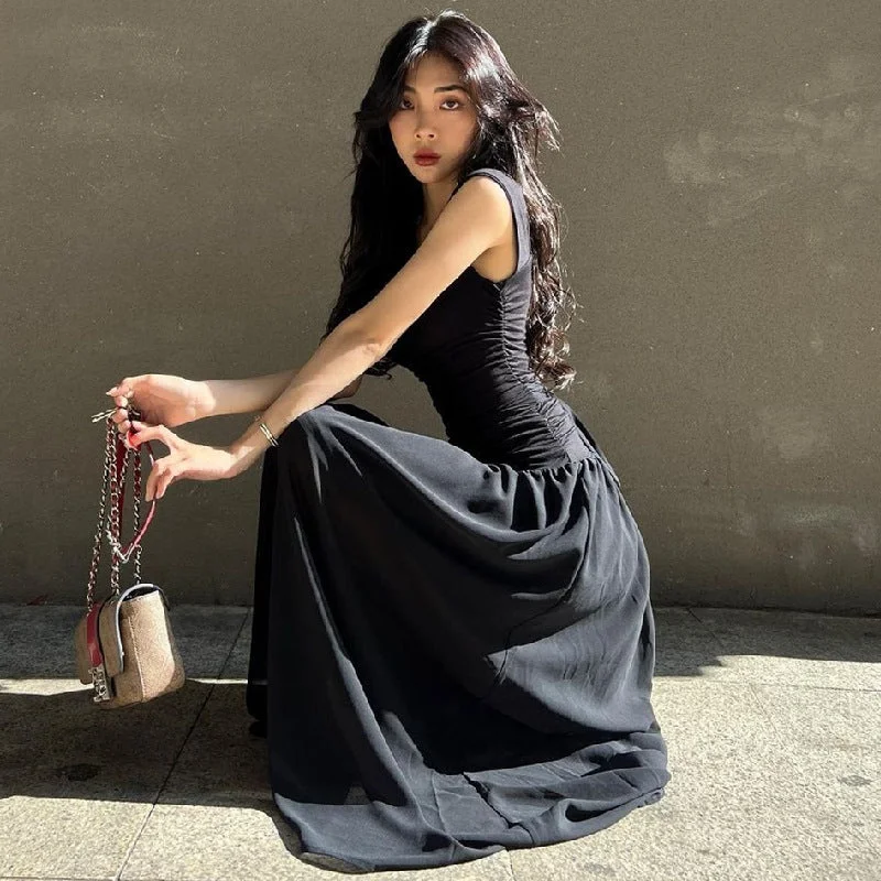 Square Neck Pleated maxi Dress Stylish Longline Maxi Dress