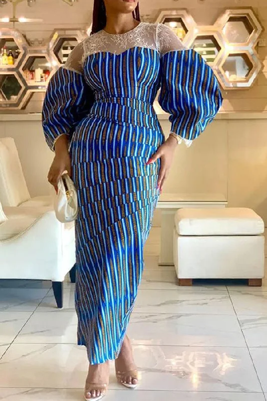 Striped Stylish Lace Patchwork Split Back Maxi Dress Stylish Long Sleeve Maxi Dress