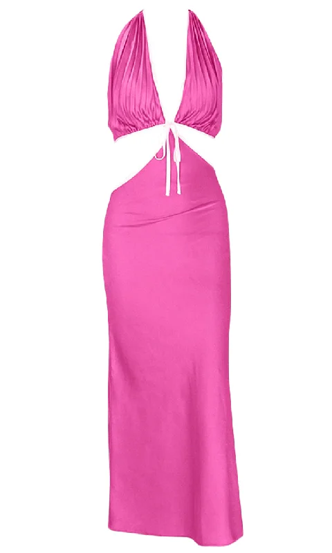 Summer Stunner <br><span>Fuchsia Pink Satin Sleeveless Spaghetti Strap Ruched Halter Plunge V Neck Cut Out Sides Backless Maxi Dress</span> Fashionable Asymmetrical Maxi Dress Summer Stunner <br><span>Fuchsia Pink Satin Sleeveless Spaghetti Strap Ruched Halter Plunge V Neck Cut Out Sides Backless Maxi Dress</span> Fashionable Asymmetrical Maxi Dress