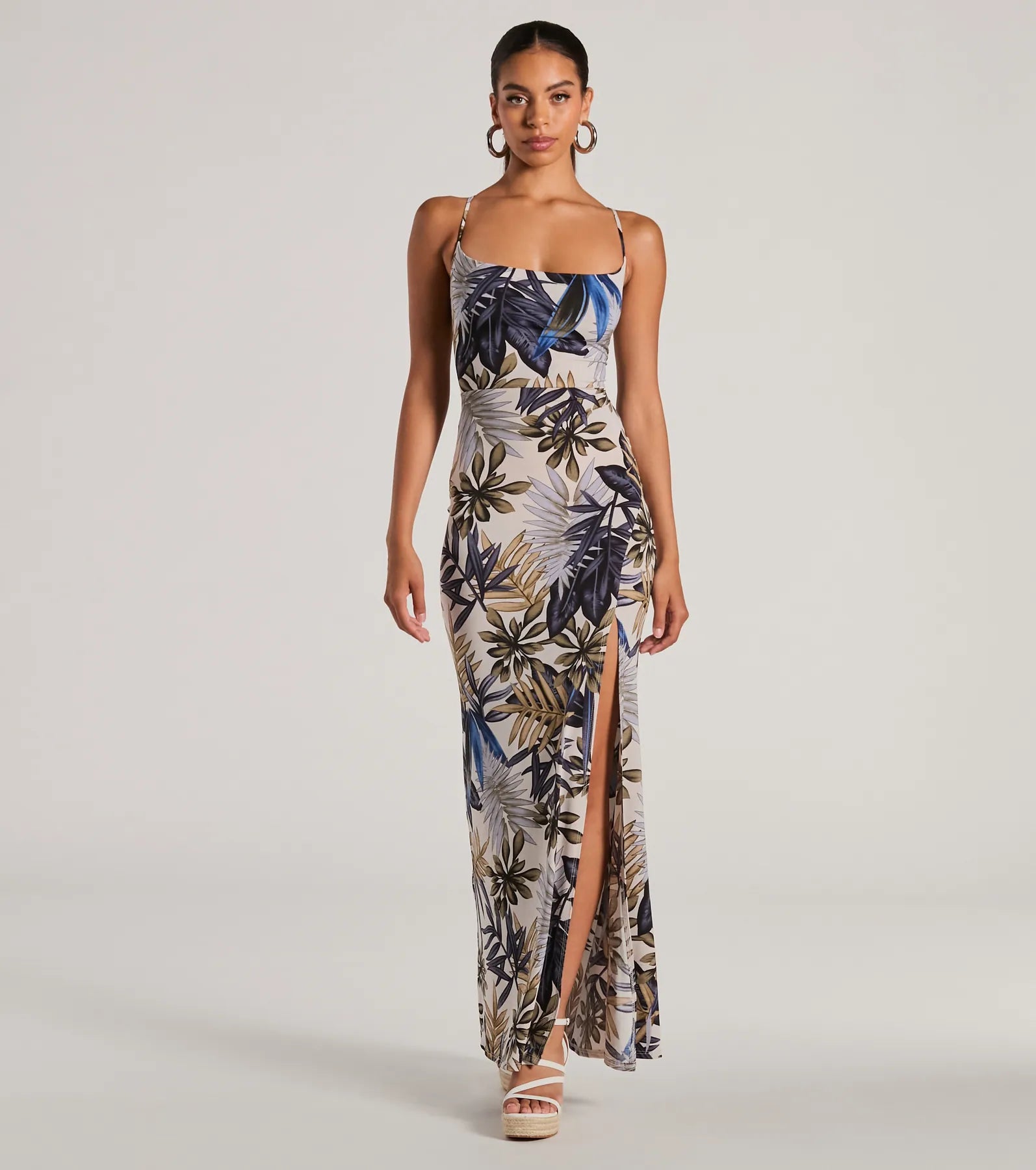 Summer Vacay Lace-Up Tropical Maxi Dress Elegant Tiered Maxi Dress