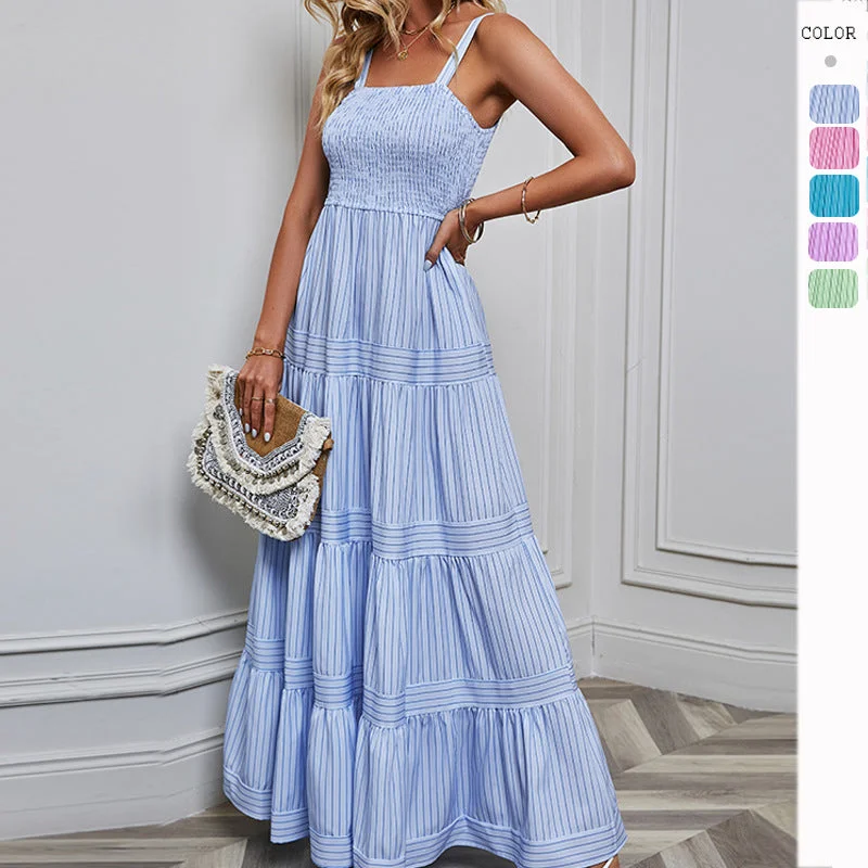 Waist Striped Sleeveless Maxi Dress Elegant Wraparound Maxi Dress