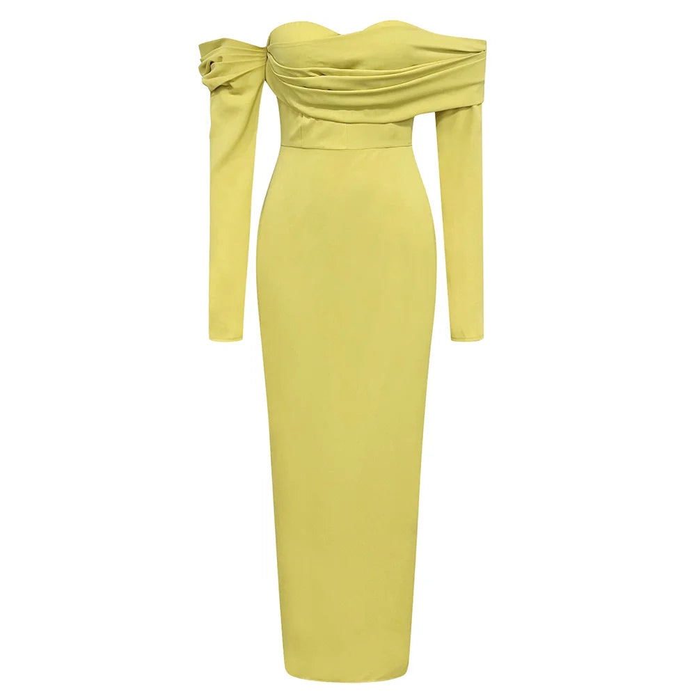 Tabitha Bandeau Puff Long Sleeves Pleated Maxi Dress Stylish Longline Maxi Dress
