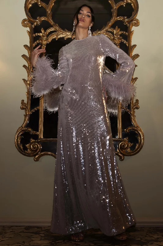 Tallie | Lilac Sequin Maxi Dress With Feather Trim Stylish Longline Maxi Dress
