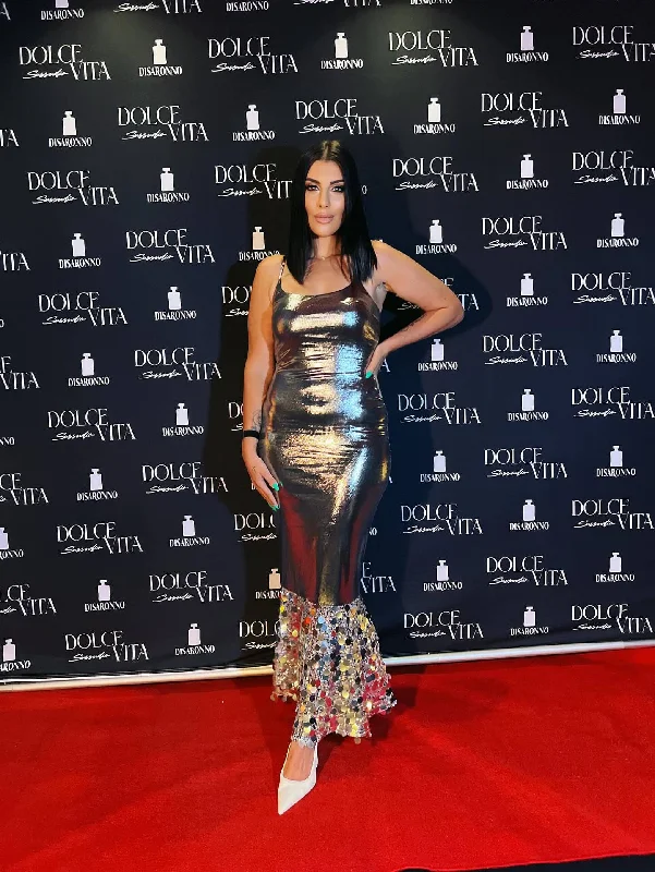 Tara Metallic Spaghetti Strap Sequined Hem Maxi Dress Elegant Silk Maxi Dress
