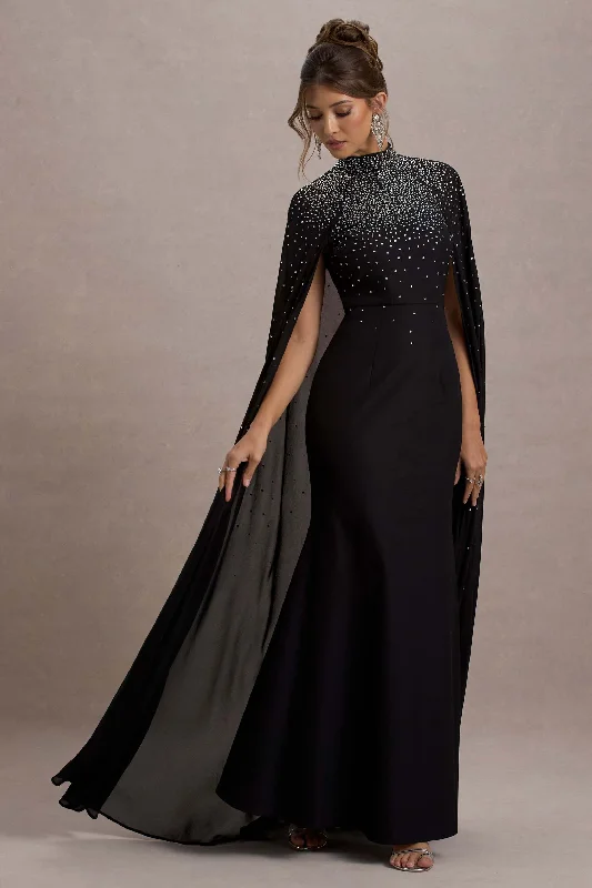 The Shallows | Black Embellished High-Neck Maxi Dress With Chiffon Cape Cozy Ruffle Sleeve Maxi Dress The Shallows | Black Embellished High-Neck Maxi Dress With Chiffon Cape Cozy Ruffle Sleeve Maxi Dress