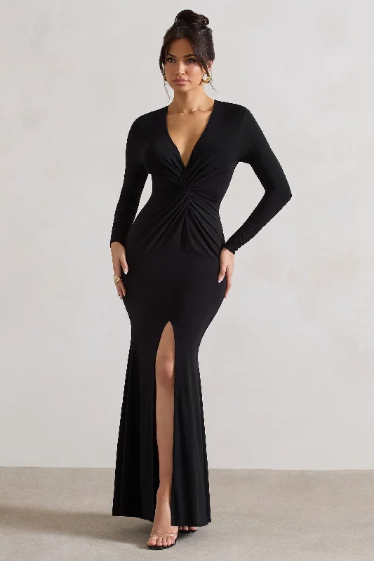 Tianna | Black Plunge-Neck Twisted Split Maxi Dress Trendy Button Front Maxi Dress