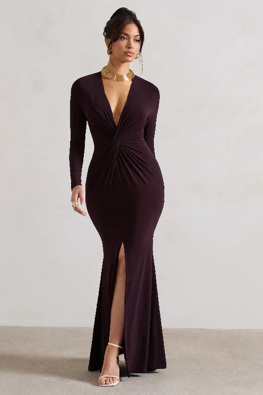 Tianna | Dark Plum Plunge-Neck Twisted Split Maxi Dress Comfortable Bohemian Maxi Dress Tianna | Dark Plum Plunge-Neck Twisted Split Maxi Dress Comfortable Bohemian Maxi Dress