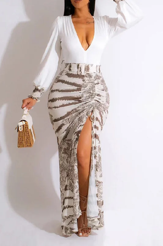 Tie Dye Patchwork Elegant High Split Maxi Dress Stylish Pleated A-Line Maxi Dress