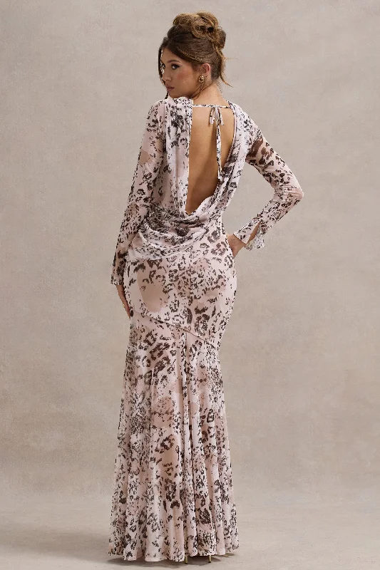 Tigerlily | Leopard Print Mesh Long-Sleeve Open-Back Maxi Dress Elegant Maxi Dress with Drapes Tigerlily | Leopard Print Mesh Long-Sleeve Open-Back Maxi Dress Elegant Maxi Dress with Drapes