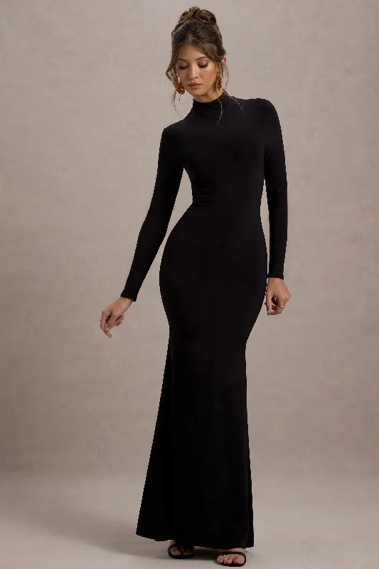 Tova | Black High-Neck Long-Sleeve Fishtail Maxi Dress Fashionable Faux Wrap Maxi Dress