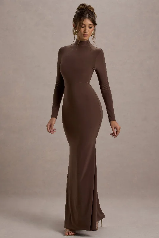 Tova | Chocolate High-Neck Long-Sleeve Fishtail Maxi Dress Trendy V-Neck Maxi Dress