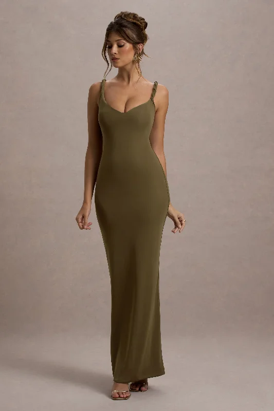 Twist Of Fate | Khaki Green Twist-Neck Maxi Dress Cozy Maxi Dress with Slit