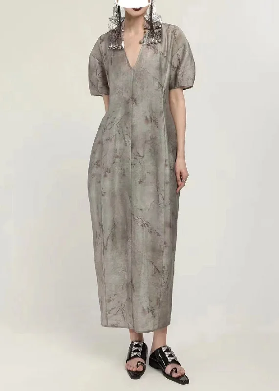Unique Grey V Neck Print Patchwork Maxi Dress Short Sleeve Trendy Maxi Dress with Belt Unique Grey V Neck Print Patchwork Maxi Dress Short Sleeve Trendy Maxi Dress with Belt