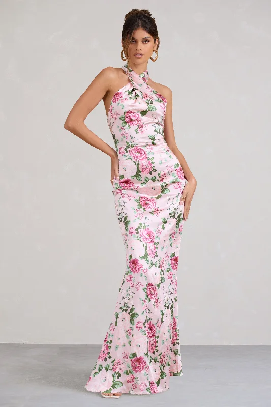 Unstoppable | Pink Floral Print Satin Cross Over Halter Neck Maxi Dress Trendy Maxi Dress with Lace Unstoppable | Pink Floral Print Satin Cross Over Halter Neck Maxi Dress Trendy Maxi Dress with Lace