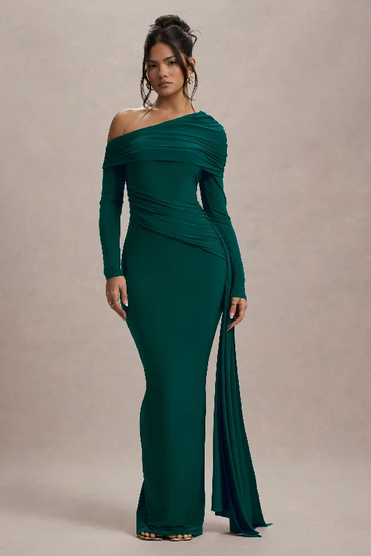 Valina | Green Ruched Asymmetric Maxi Dress With Drape Elegant Floral Maxi Dress