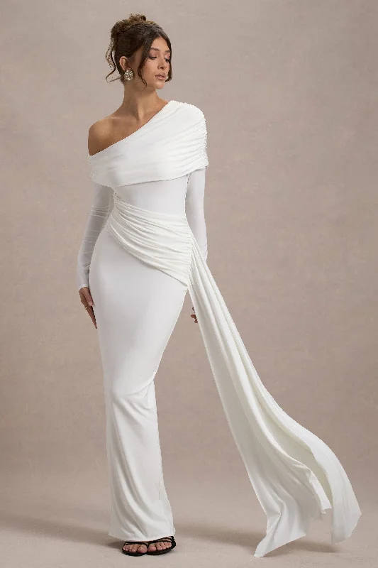 Valina | White Ruched Asymmetric Maxi Dress With Drape Trendy Maxi Dress with Straps Valina | White Ruched Asymmetric Maxi Dress With Drape Trendy Maxi Dress with Straps