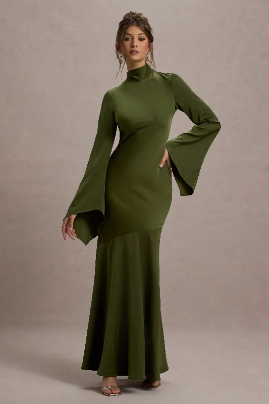 Veena | Olive Green Satin High-Neck Cut-Out Maxi Dress Chic Sleeveless Maxi Dress