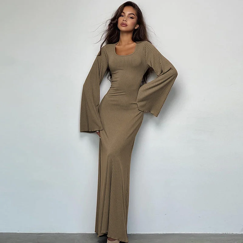 U-neck back tie maxi dress Trendy Satin Maxi Dress