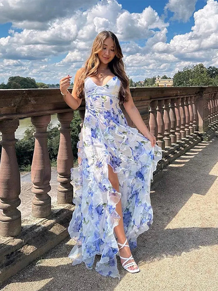 Women's Elegant Flower Print Ruffle Sling Maxi Dress Fashion New Sleeveless Bodycon Vestidos Female New Beach Holiday Long Robe Stylish Pleated A-Line Maxi Dress Women's Elegant Flower Print Ruffle Sling Maxi Dress Fashion New Sleeveless Bodycon Vestidos Female New Beach Holiday Long Robe Stylish Pleated A-Line Maxi Dress